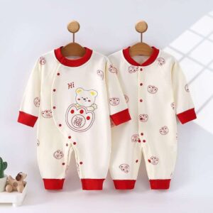 Festive White and Red Trim Long Sleeve Romper